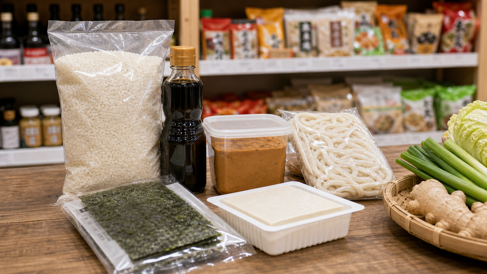 日本米、しょうゆ、味噌、冷凍うどん、アジア食材店の棚のイメージ