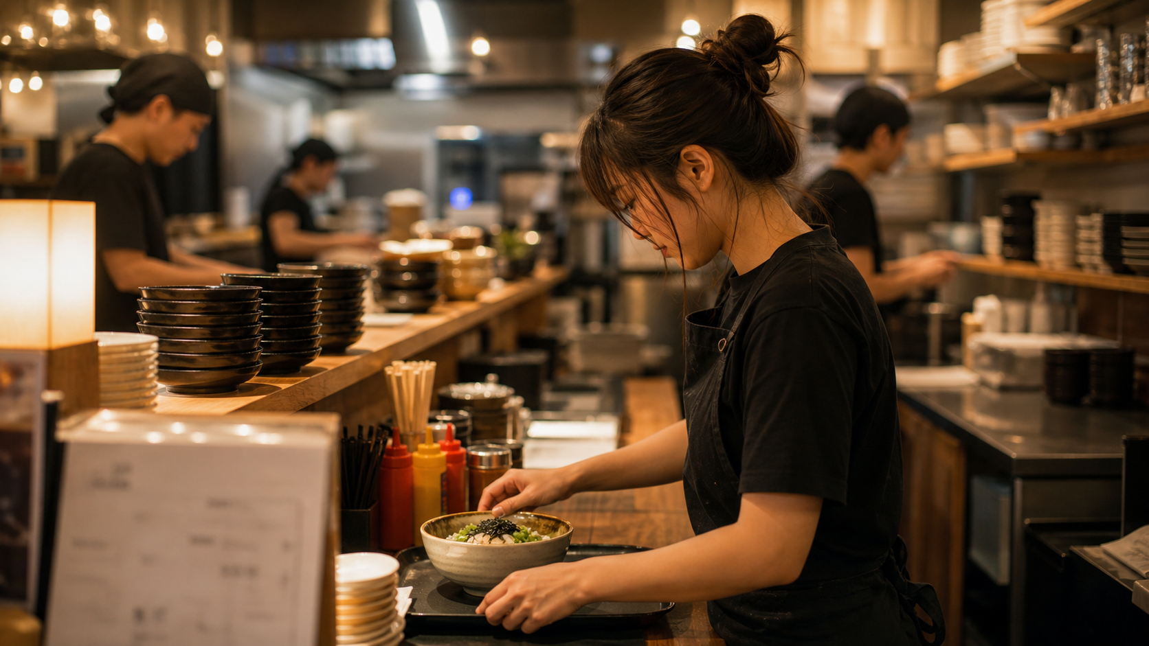 日本食レストランのキッチン道具、まかない風の食事、シフト表、パースの夜の飲食街