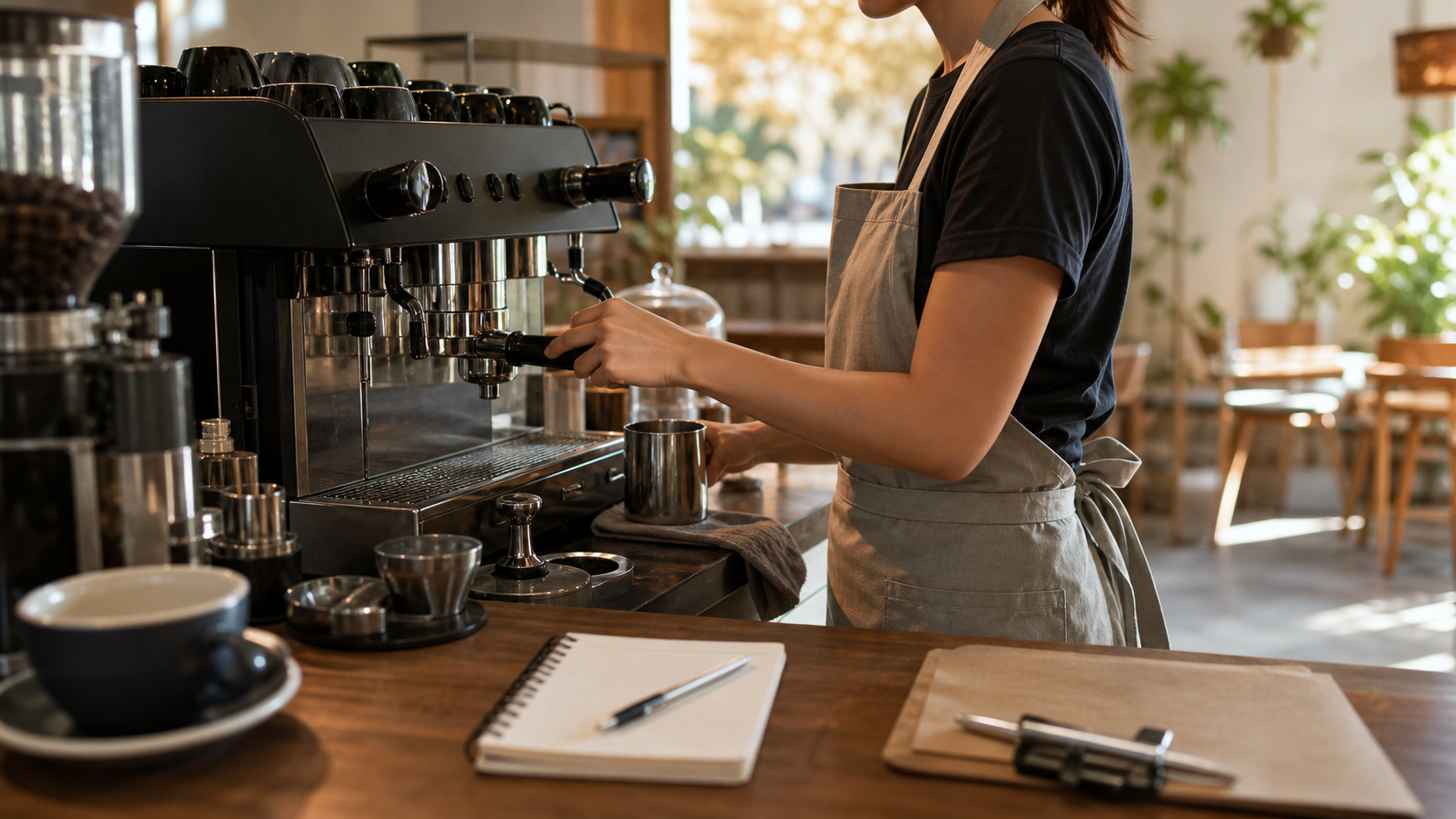パースのカフェカウンター、コーヒーカップ、エプロン、トライアル用メモの明るい風景