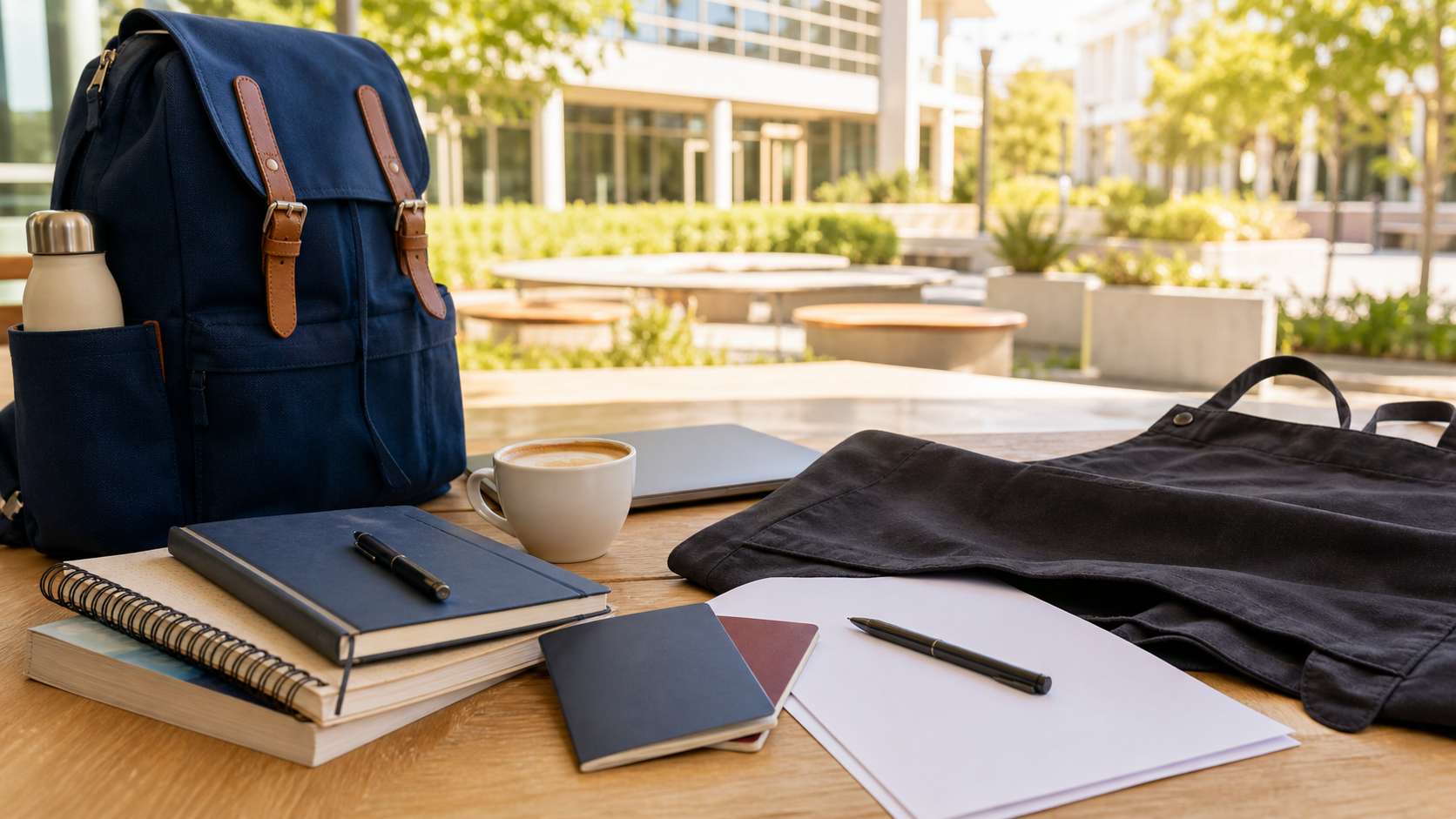 学生証、ワーホリ用バックパック、ビザ書類、パースのキャンパスとカフェを感じる風景