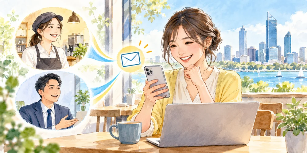 企業からの仕事のオファーをスマートフォンで受け取る人のイラスト