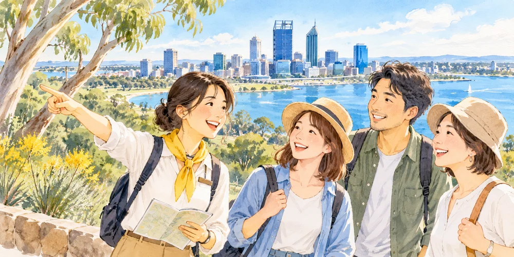 日本語ガイドとパースの街歩きを楽しむ旅行者のイラスト
